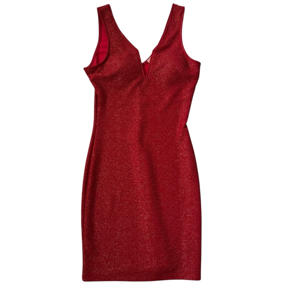 Fashion Magazine Red Sleeveless Bodycon Mini Dress With Gold Shimmer Small